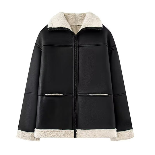 Damen Kunstlederjacke mit warmem Sherpa-Futter und praktischen Taschen R&B