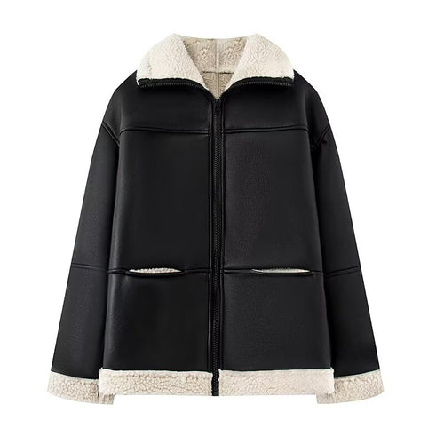 Damen Kunstlederjacke mit warmem Sherpa-Futter und praktischen Taschen R&B