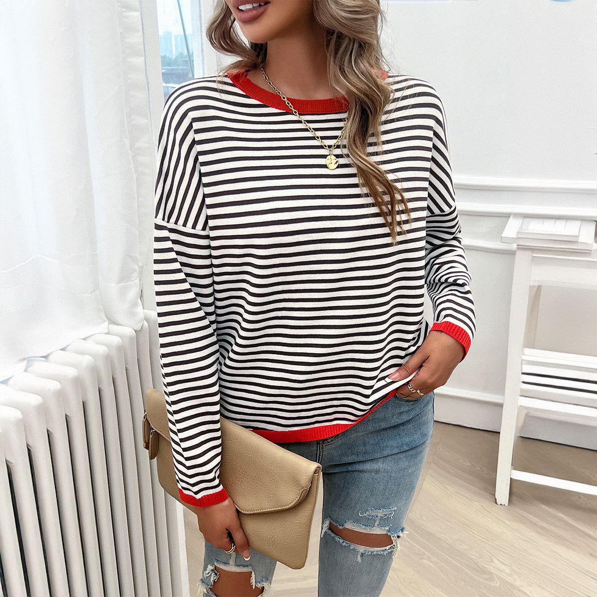 Damen Lässiger Streifenpullover mit Farbigen Akzenten R&B