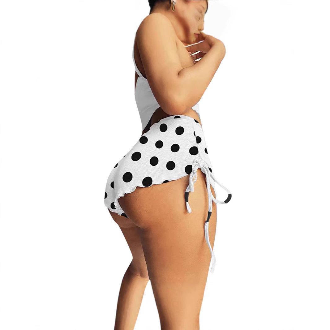 Damen Modisches Kurzoberteil und hoch taillierte Shorts Set mit Punkten R&B