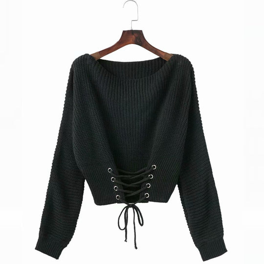 Damen Pullover mit tiefem Rückenausschnitt und dekorativen Schnürdetails R&B