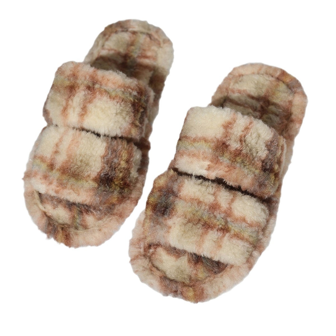 Damen bequeme Hausschuhe aus flauschigem Material mit doppeltem Riemen R&B