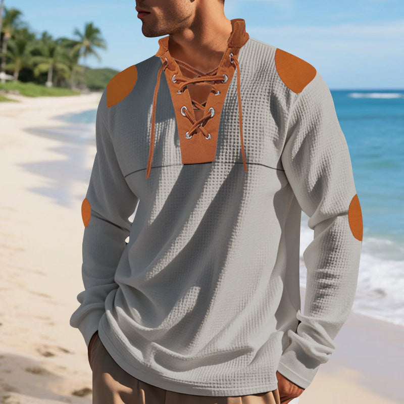 Herren lässiges Langarm-Henley-Shirt mit ausgefallenem Schnürdesign und kontrastrierenden Ellenbogen-Patches R&B