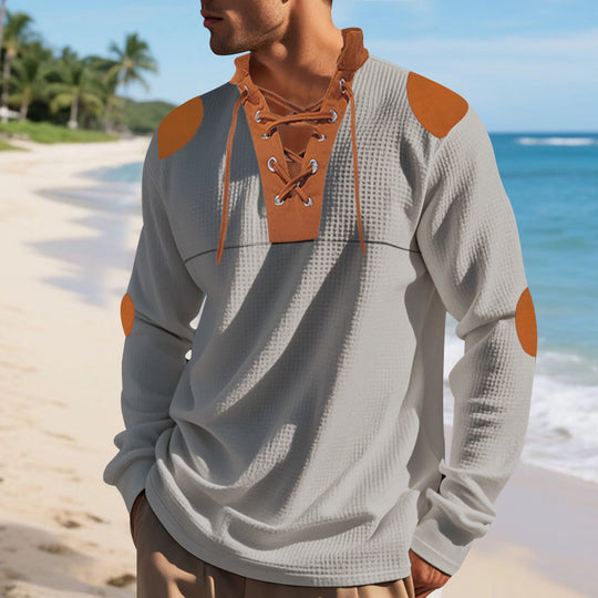 Herren lässiges Langarm-Henley-Shirt mit ausgefallenem Schnürdesign und kontrastrierenden Ellenbogen-Patches R&B