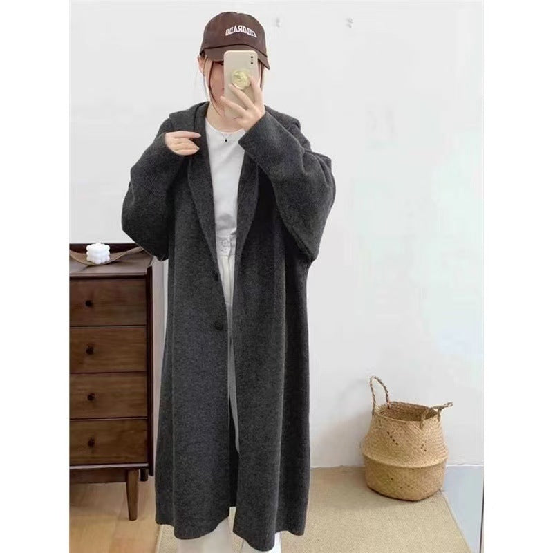 Damen Langer Strickcardigan mit Kapuze und praktischen Knöpfen R&B