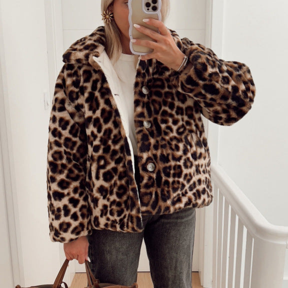 Damen Kunstfelljacke mit modischem Leopardenmuster und komfortablem Schnitt R&B