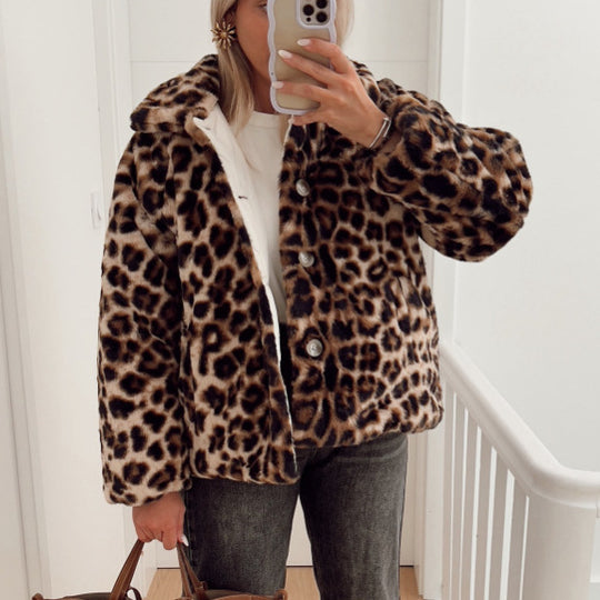 Damen Kunstfelljacke mit modischem Leopardenmuster und komfortablem Schnitt R&B