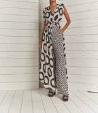Damen Eleganter Jumpsuit mit Wickelgürtel und geometrischem Muster R&B