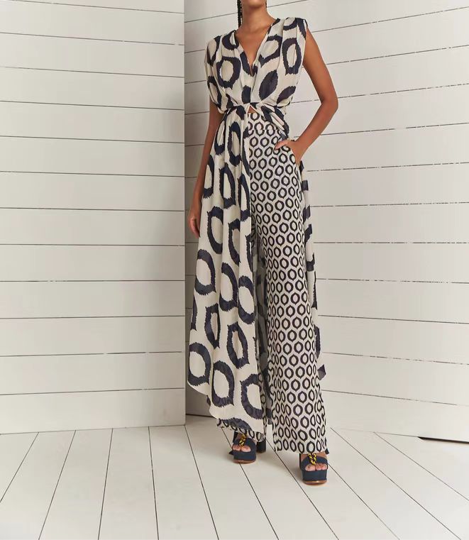 Damen Eleganter Jumpsuit mit Wickelgürtel und geometrischem Muster R&B
