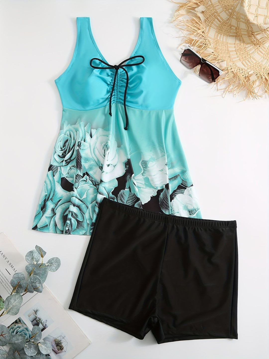 Damen Badeanzug mit Hohem Schnitt und Blumendruck R&B