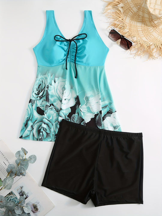 Damen Badeanzug mit Hohem Schnitt und Blumendruck R&B
