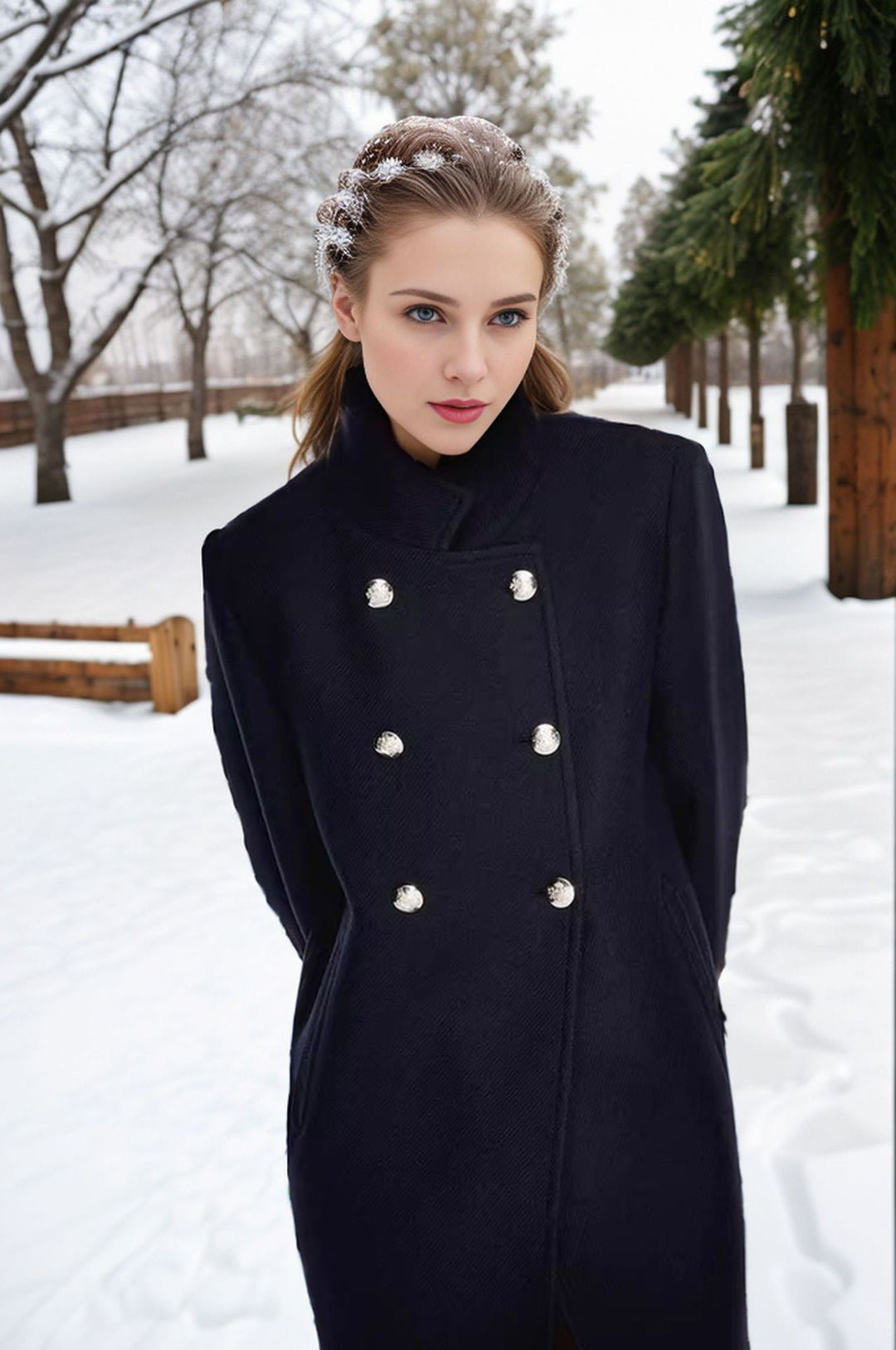 Damen Eleganter Kurz-Mantel mit doppelter Knopfreihe und seidigen Details R&B