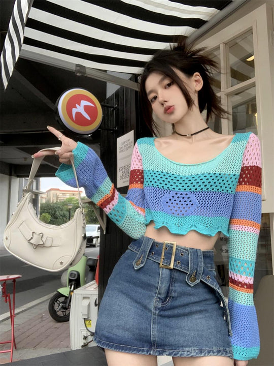 Damen luftiges Strickoberteil mit bunten Lochmuster R&B