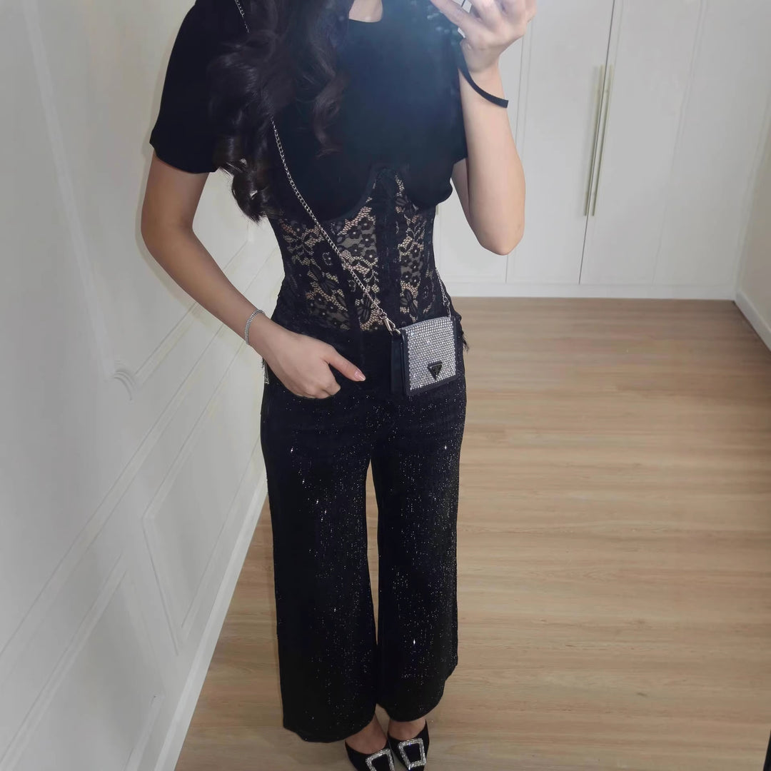 Damen nan T-Shirt mit eingesetztem Spitzenkorsett und konturierter Bügelnaht R&B
