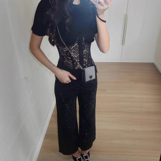 Damen nan T-Shirt mit eingesetztem Spitzenkorsett und konturierter Bügelnaht R&B