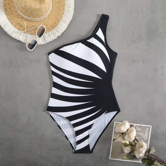 Damen Einteiliger Badeanzug mit asymmetrischem Design und trendigem Grafikmuster R&B