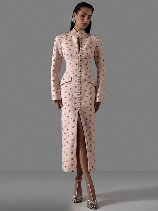 Damen Elegantes Langarmkleid mit floralem Muster und hochgeschlossenem Kragen R&B