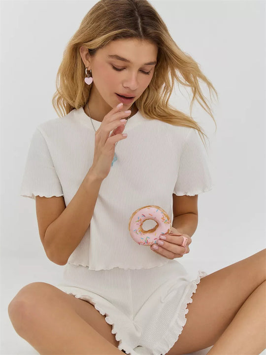 Damen cropped Lounge-Set mit Rippstruktur und fransigen Details R&B