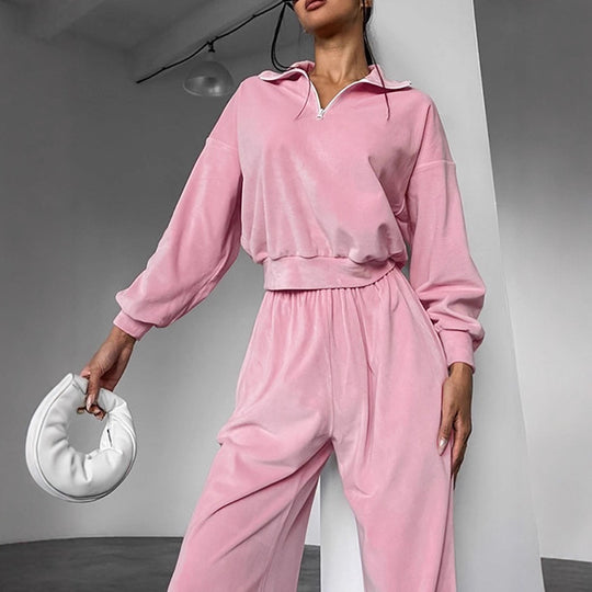 Damen Lässiges Trainingsanzug-Set mit kurzer Zipjacke und weiten Hosen R&B
