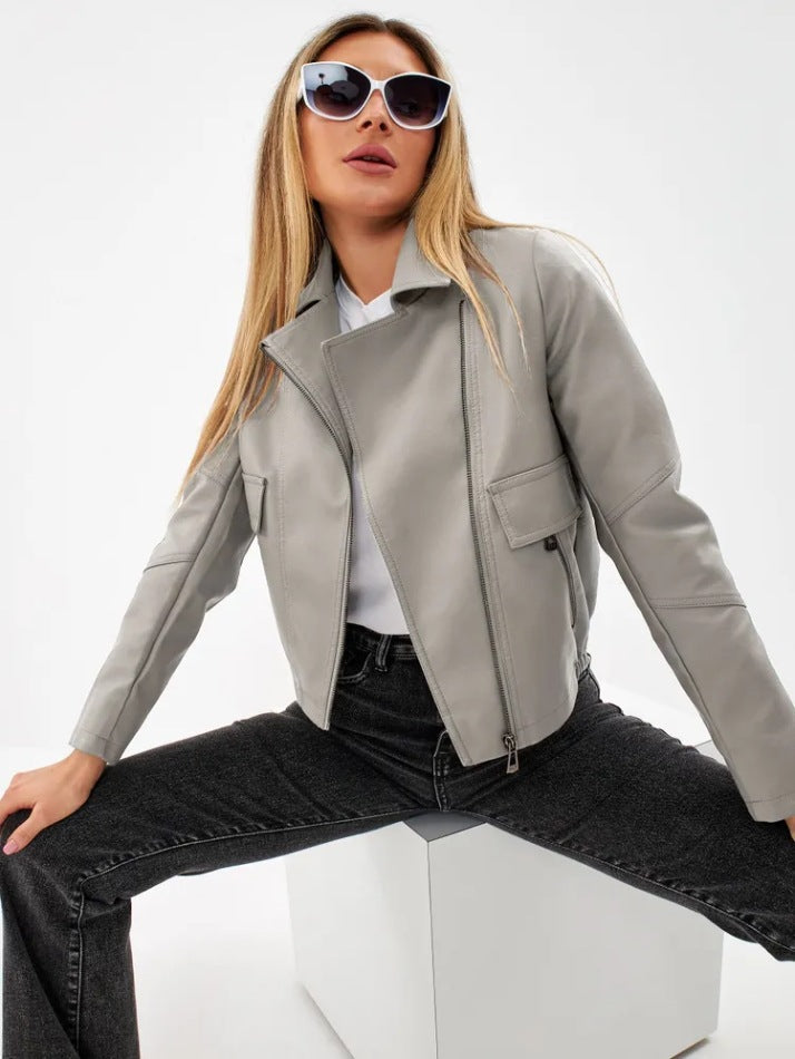 Damen cropped Kunstlederjacke mit praktischen Taschen und modernem Schnitt R&B