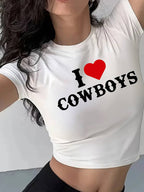 Damen Crop-T-Shirt mit kreativem Cowboy-Motiv R&B
