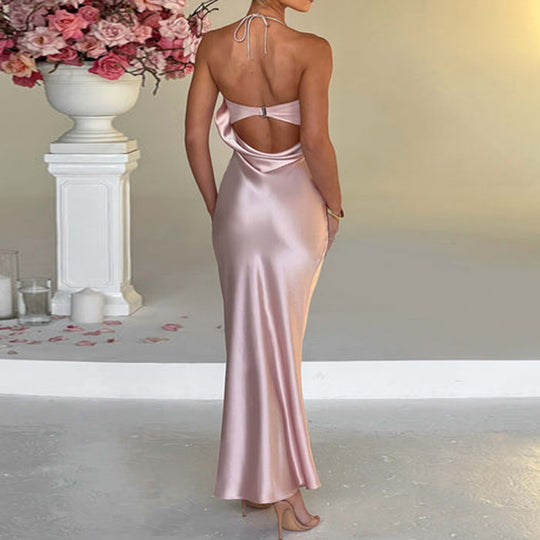 Damen elegantes Satin-Abendkleid mit dünnen Trägern R&B