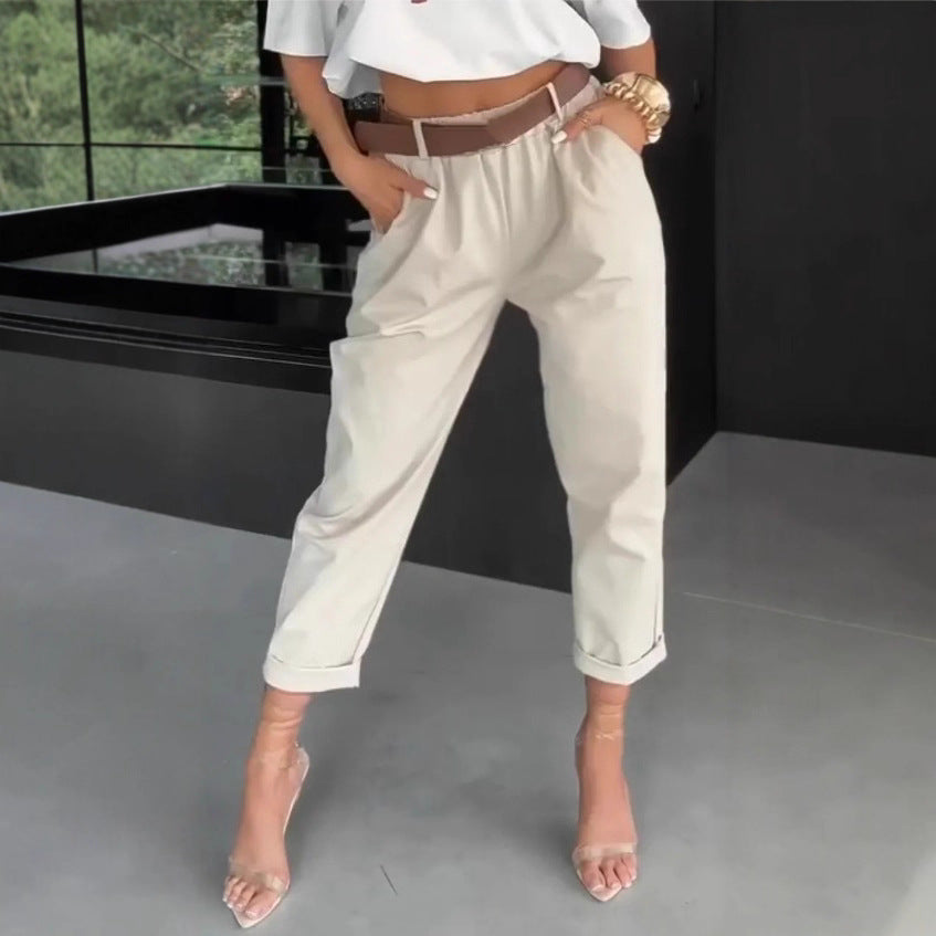 Damen nan hochtaillierte Paperbag-Hose mit gerafftem Bund, Eingrifftaschen und gekrempeltem Saum R&B