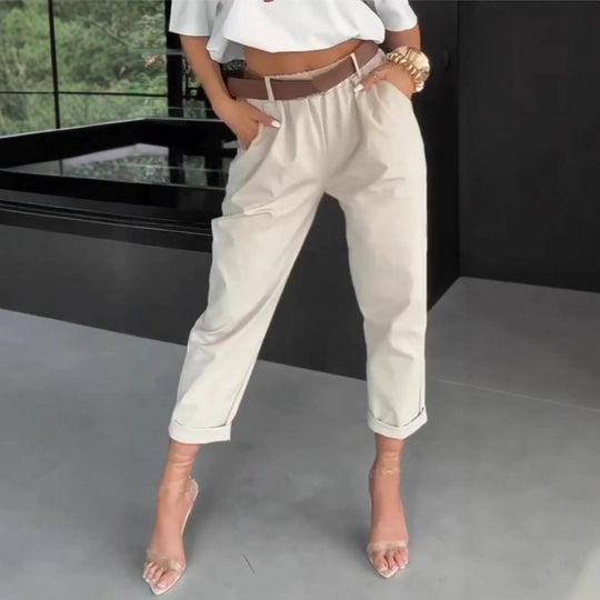 Damen nan hochtaillierte Paperbag-Hose mit gerafftem Bund, Eingrifftaschen und gekrempeltem Saum R&B