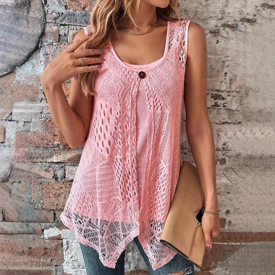 Damen nan zweilagiges Häkel-Overlay mit Jersey-Innentop, Ein-Knopf-Verschluss und asymmetrischem Zipfelsaum R&B