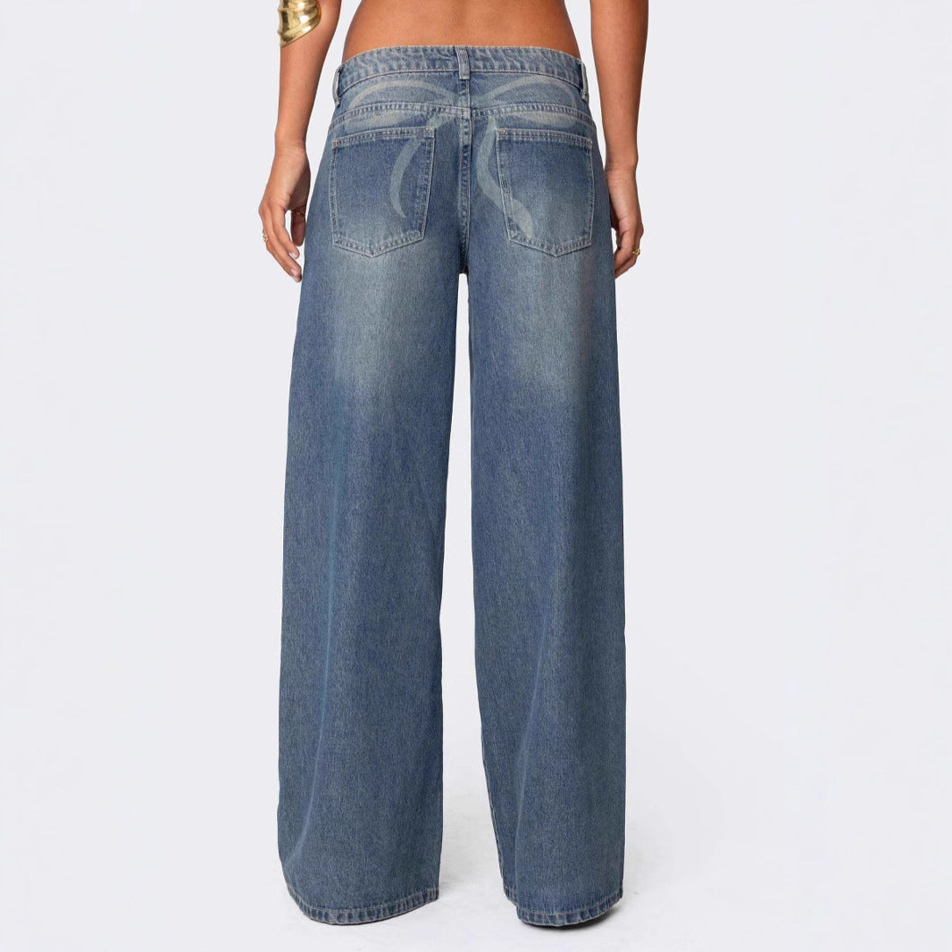 Damen Weit geschnittene Denim-Hose mit hohem Bund und modischen Details R&B