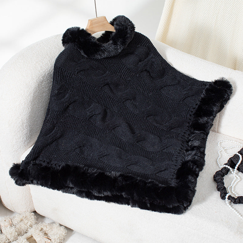 Damen kuschelige Strick-Poncho mit weichem Kunstfellbesatz und Zopfmuster R&B