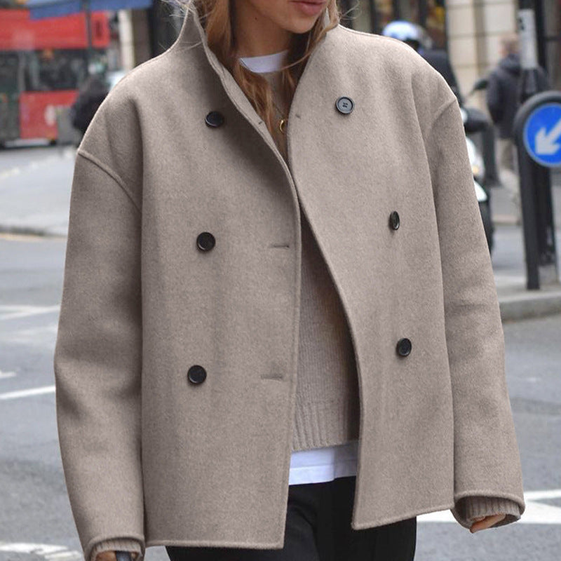 Damen modische Wolljacke mit doppelter Knopfleiste und hohen Kragen R&B