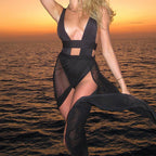 Damen Strandkleid mit tiefem V-Ausschnitt und durchscheinendem Rock R&B
