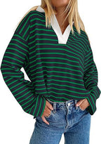 Damen Lässiges gestreiftes Sweatshirt mit V-Ausschnitt und langen Ärmeln R&B