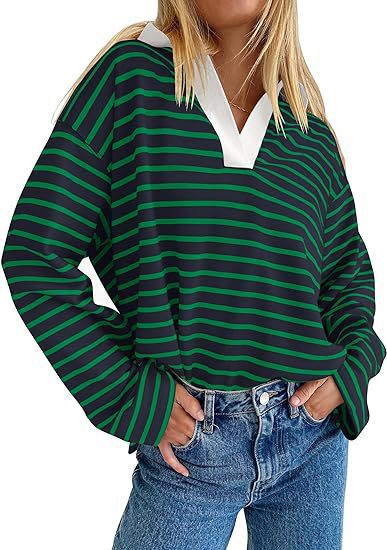 Damen Lässiges gestreiftes Sweatshirt mit V-Ausschnitt und langen Ärmeln R&B