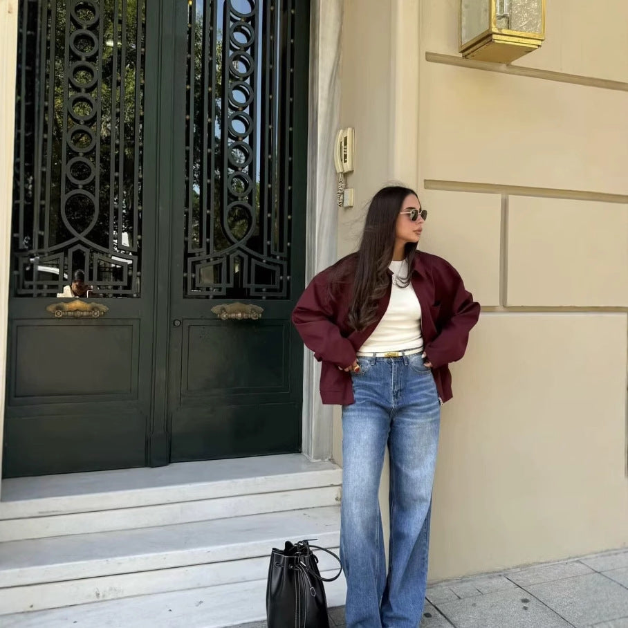 Damen langärmlige Utility-Jacke mit praktischen Taschen und hohem Kragen R&B