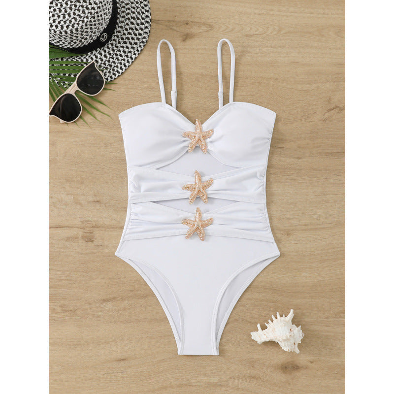 Damen eleganter Badeanzug mit einzigartigem Nackenansatz und glitzernden Sternenapplikationen R&B