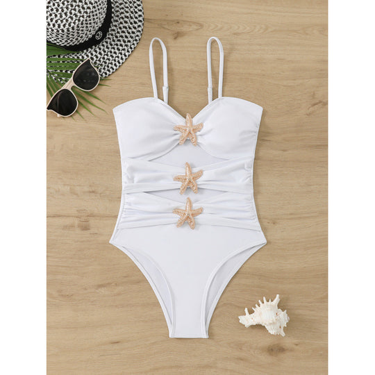 Damen eleganter Badeanzug mit einzigartigem Nackenansatz und glitzernden Sternenapplikationen R&B