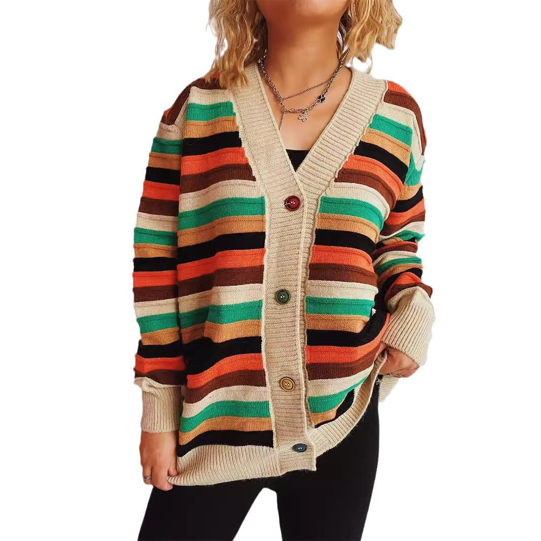 Damen Strickjacke mit buntem Streifenmuster und knöpfbarem Design R&B