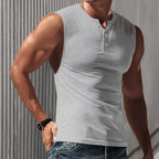 Herren nan ärmelloses Muskelshirt mit Henley-Knopfleiste, tiefem Armausschnitt und elastischem Baumwollmix R&B