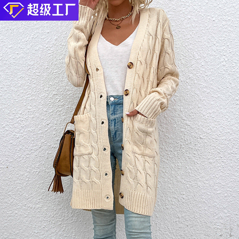Damen Strickjacke mit tiefem V-Ausschnitt und elegantem Zopfmuster