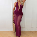 Damen Maxikleid mit tiefem V-Ausschnitt und Seitenschlitzen R&B