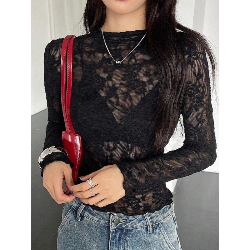 Damen Spitzenoberteil mit elegantem floralem Design und transparenten Ärmeln R&B