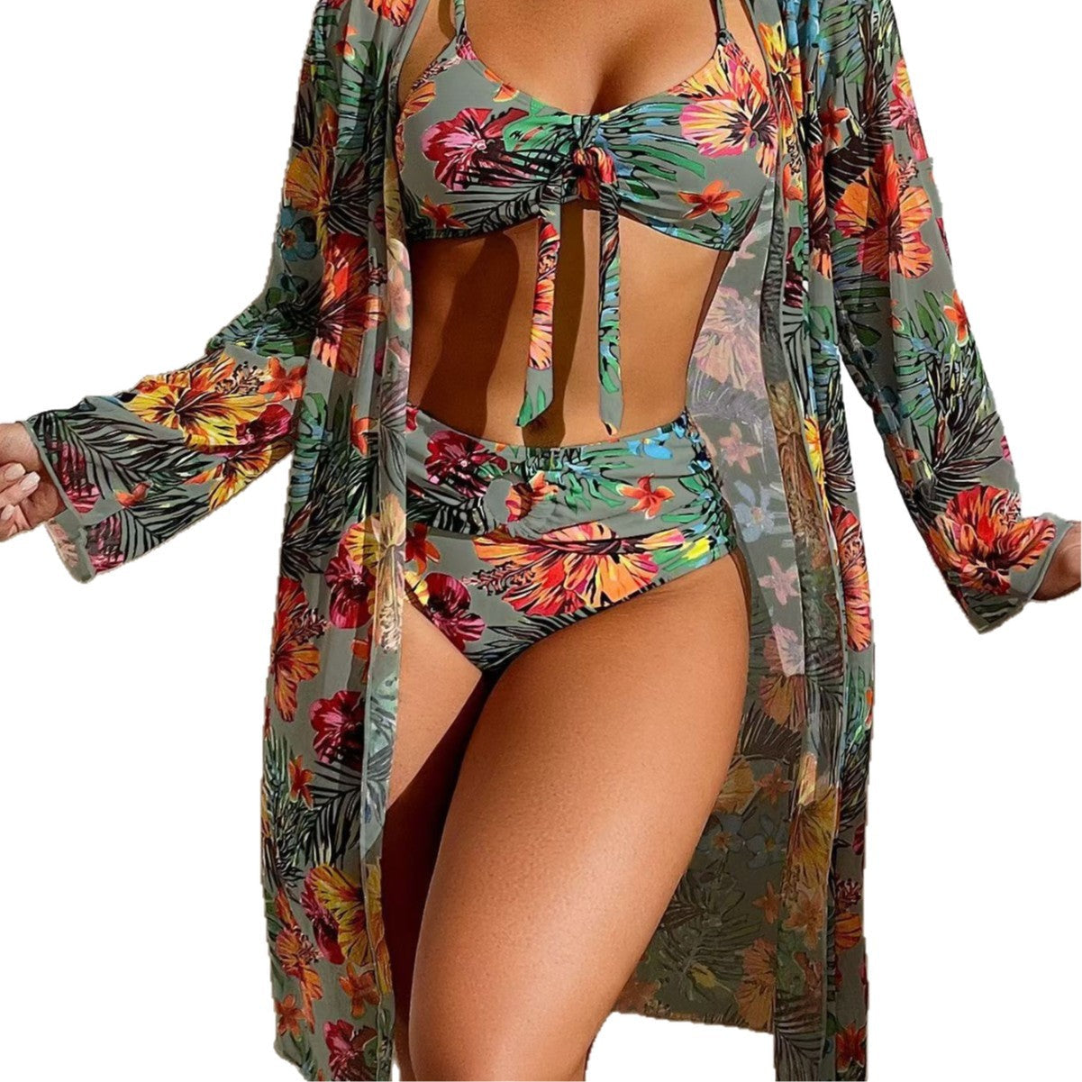 Damen Bikini-Set mit floralen Mustern und luftiger Kimono-Überjacke R&B