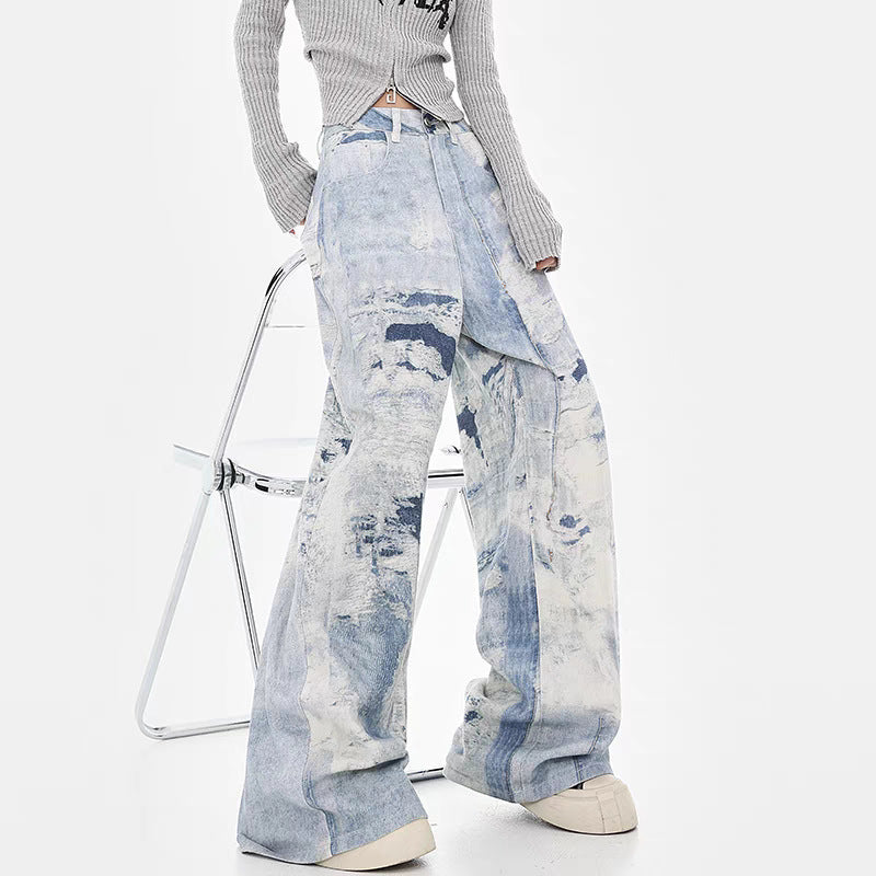 Damen Weite Jeanshose im kreativen Kunstdesign R&B