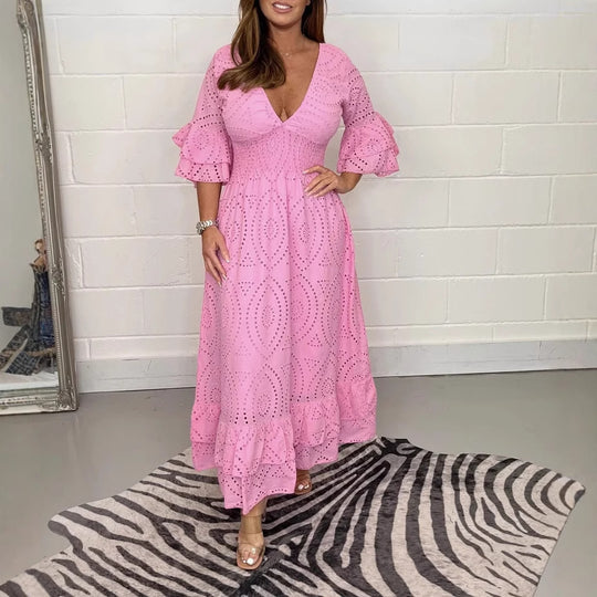 Damen Maxikleid mit floraler Lochstickerei und weiten Ärmeln R&B