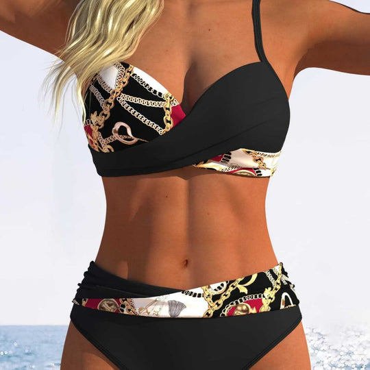 Damen Bikini-Set mit modischer Wickeloptik und schickem Kettenmuster R&B