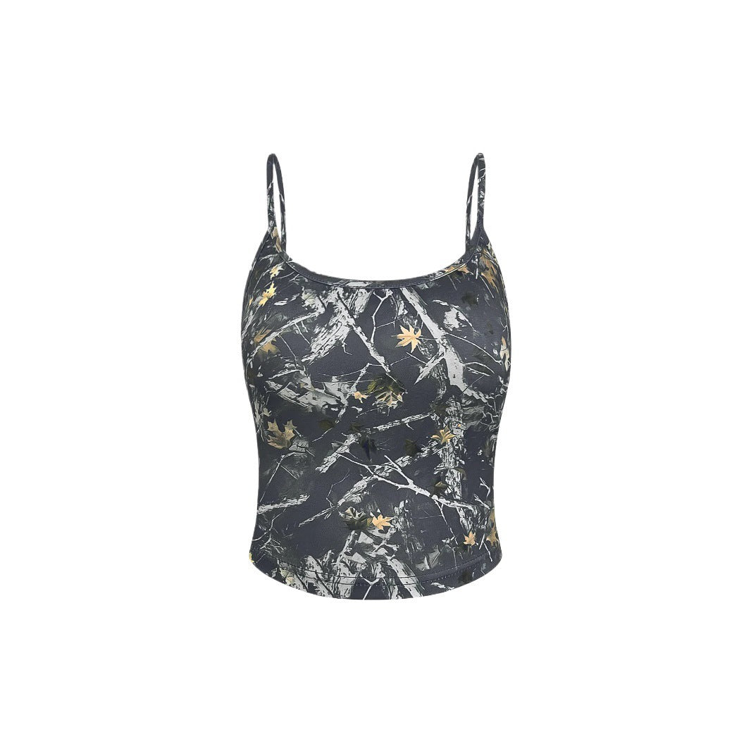 Damen Crop Top mit modischem Camouflage-Muster und feinen Spaghetti-Trägern R&B