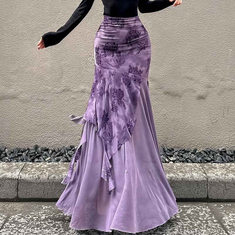 Damen asymmetrischer Maxirock mit floralen Details und transparenten Schichten R&B