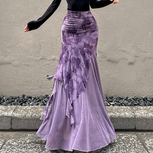 Damen asymmetrischer Maxirock mit floralen Details und transparenten Schichten R&B